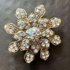 Vintage floral flower brooch with iridescent crystals on gold metal